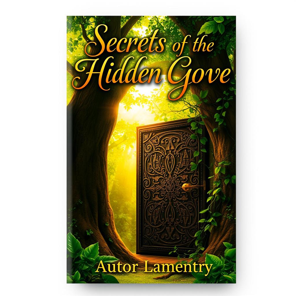 A captivating book cover design featuring an enchanted forest with golden sunlight filtering through the lush green leaves