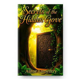 A captivating book cover design featuring an enchanted forest with golden sunlight filtering through the lush green leaves