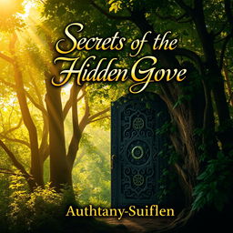 A captivating book cover design featuring an enchanted forest with golden sunlight filtering through the lush green leaves