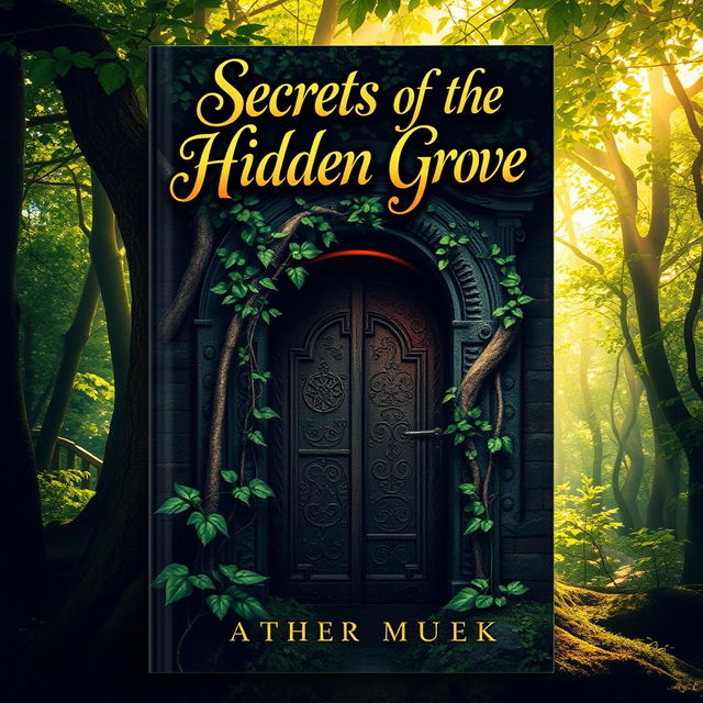 A captivating book cover design featuring an enchanted forest with golden sunlight filtering through the lush green leaves