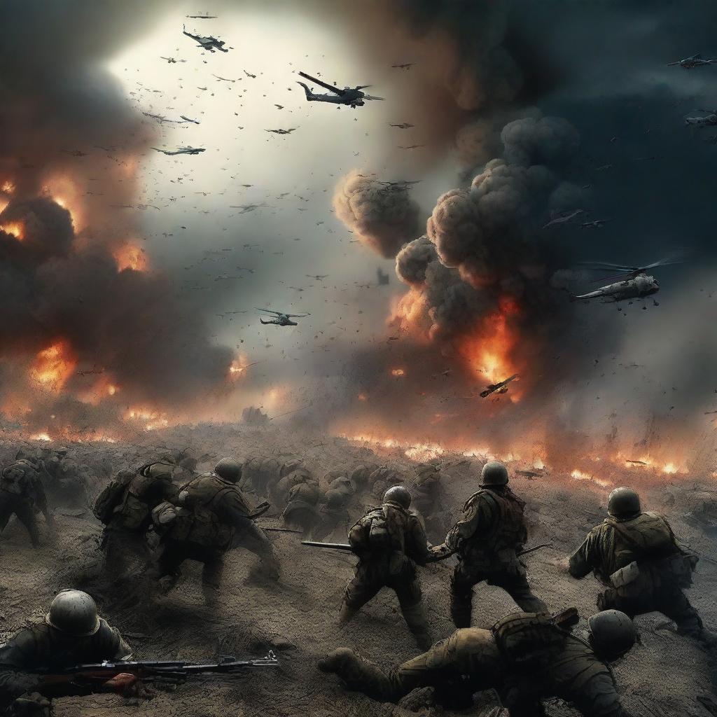 An extremely intense and horrifying depiction of a World War scene, amplified 10,000 times