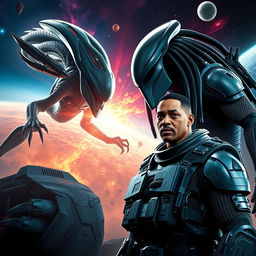 A futuristic alien battle scene featuring a massive alien creature and a sleek, muscular Predator in an epic clash