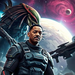 A futuristic alien battle scene featuring a massive alien creature and a sleek, muscular Predator in an epic clash