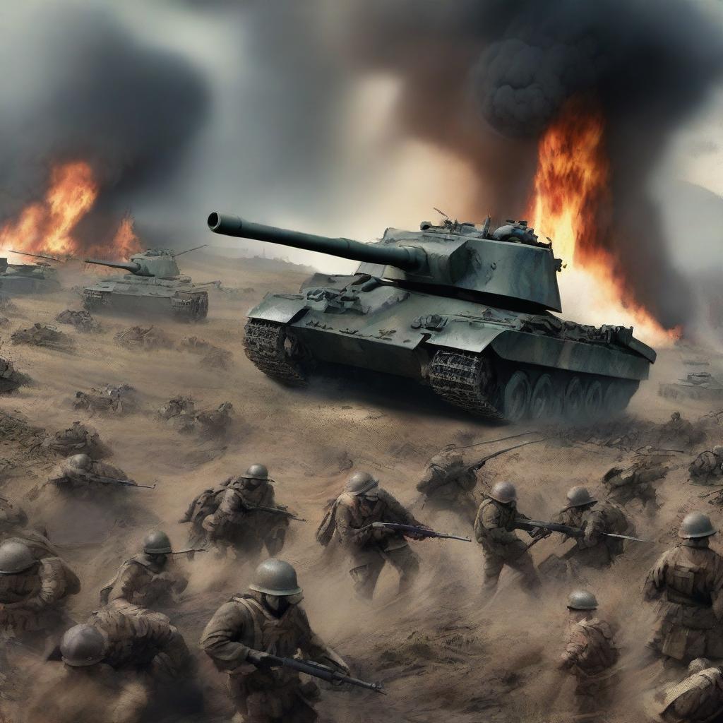 Into the horrifying apocalypse of a World War scene, add a formidable force of 1,000 tanks thundering into the chaos, cannons blazing, causing further devastation and panic amongst the already beleaguered armies