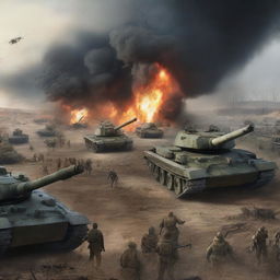 Into the horrifying apocalypse of a World War scene, add a formidable force of 1,000 tanks thundering into the chaos, cannons blazing, causing further devastation and panic amongst the already beleaguered armies