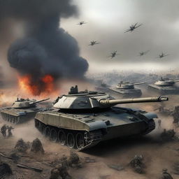 Into the horrifying apocalypse of a World War scene, add a formidable force of 1,000 tanks thundering into the chaos, cannons blazing, causing further devastation and panic amongst the already beleaguered armies