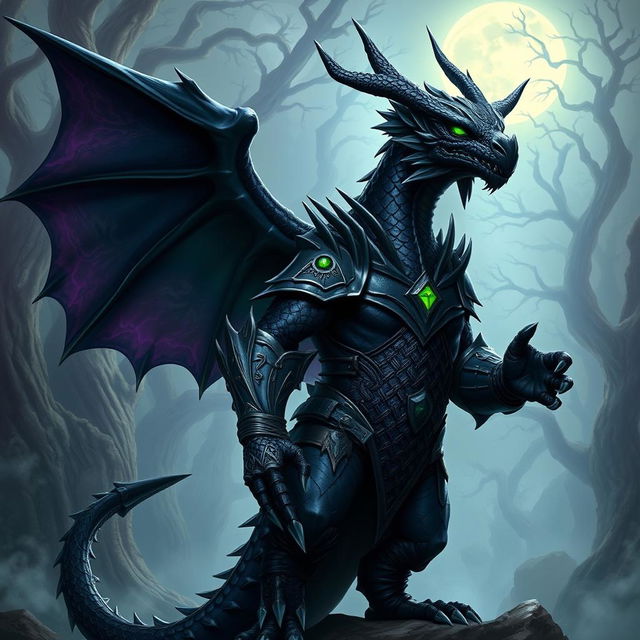 A powerful and majestic black dragonkin warrior, standing tall with shimmering ebony scales that reflect hints of deep purple in the light, wearing intricately designed armor made of dark metal with emerald green accents