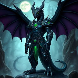 A powerful and majestic black dragonkin warrior, standing tall with shimmering ebony scales that reflect hints of deep purple in the light, wearing intricately designed armor made of dark metal with emerald green accents