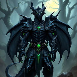 A powerful and majestic black dragonkin warrior, standing tall with shimmering ebony scales that reflect hints of deep purple in the light, wearing intricately designed armor made of dark metal with emerald green accents