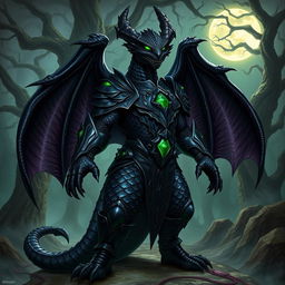 A powerful and majestic black dragonkin warrior, standing tall with shimmering ebony scales that reflect hints of deep purple in the light, wearing intricately designed armor made of dark metal with emerald green accents