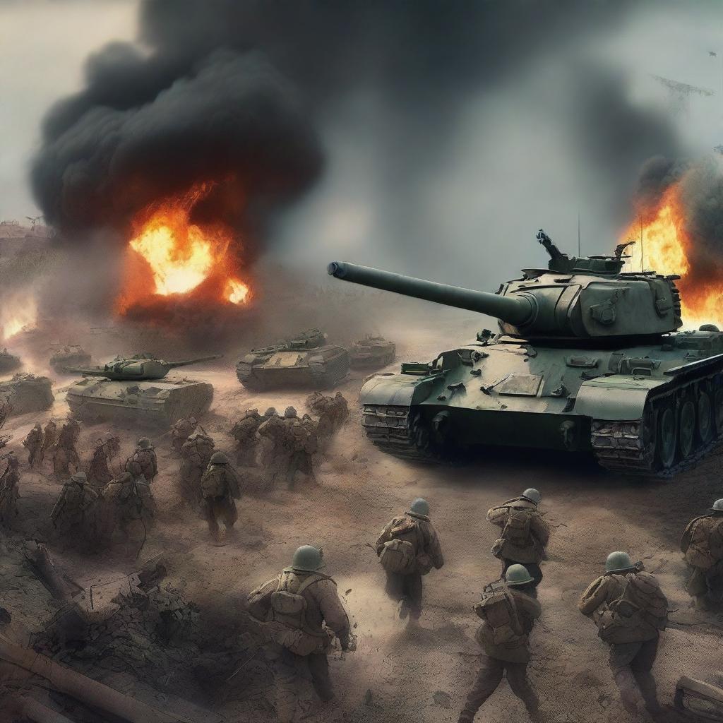 Into the horrifying apocalypse of a World War scene, add a formidable force of 1,000 tanks thundering into the chaos, cannons blazing, causing further devastation and panic amongst the already beleaguered armies