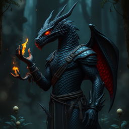 A striking black dragon humanoid with intricate scale patterns and glowing red eyes, standing tall in a dark mystical forest
