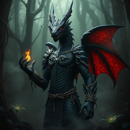 A striking black dragon humanoid with intricate scale patterns and glowing red eyes, standing tall in a dark mystical forest