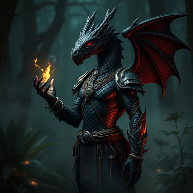 A striking black dragon humanoid with intricate scale patterns and glowing red eyes, standing tall in a dark mystical forest