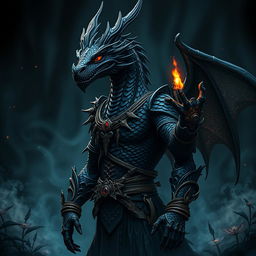 A striking black dragon humanoid with intricate scale patterns and glowing red eyes, standing tall in a dark mystical forest