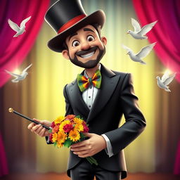A cute and funny ultra-realistic magician depicted in full height, showcasing his cheerful personality
