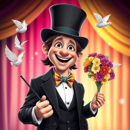 A cute and funny ultra-realistic magician depicted in full height, showcasing his cheerful personality