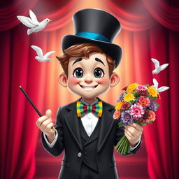 A cute and funny ultra-realistic magician depicted in full height, showcasing his cheerful personality