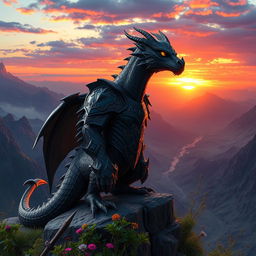 A majestic black dragonborn warrior standing on a rocky cliff, overlooking a vast landscape filled with mountains and valleys