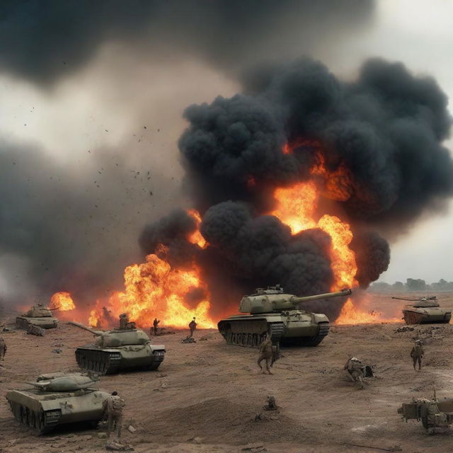 In an unforeseen turn of events, the 1,000 tanks thundering into the war scene explode dramatically, adding another layer of fiery destruction to the apocalyptic World War tableau