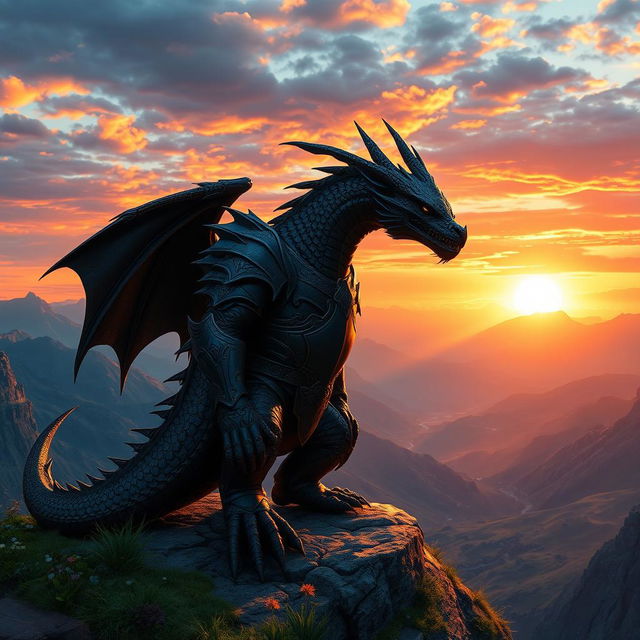 A majestic black dragonborn warrior standing on a rocky cliff, overlooking a vast landscape filled with mountains and valleys