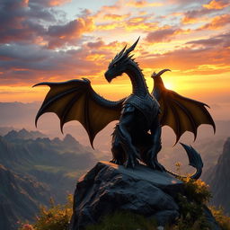 A majestic black dragonborn warrior standing on a rocky cliff, overlooking a vast landscape filled with mountains and valleys