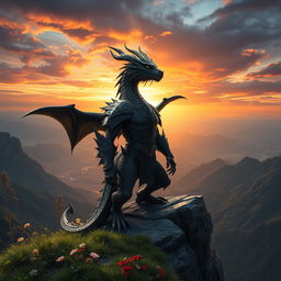 A majestic black dragonborn warrior standing on a rocky cliff, overlooking a vast landscape filled with mountains and valleys