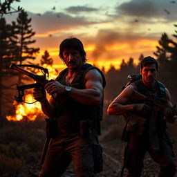 A high-octane action scene featuring Sylvester Stallone as John Rambo, armed with a crossbow and intense determination, standing in a rugged forest environment