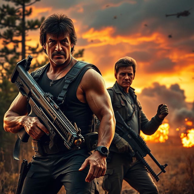 A high-octane action scene featuring Sylvester Stallone as John Rambo, armed with a crossbow and intense determination, standing in a rugged forest environment