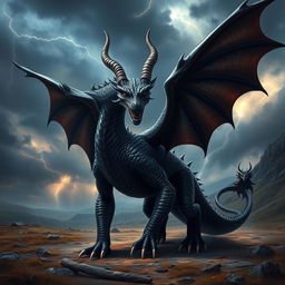 A powerful black dragon standing confidently with two legs forward, showcasing its magnificent form