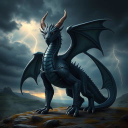 A powerful black dragon standing confidently with two legs forward, showcasing its magnificent form