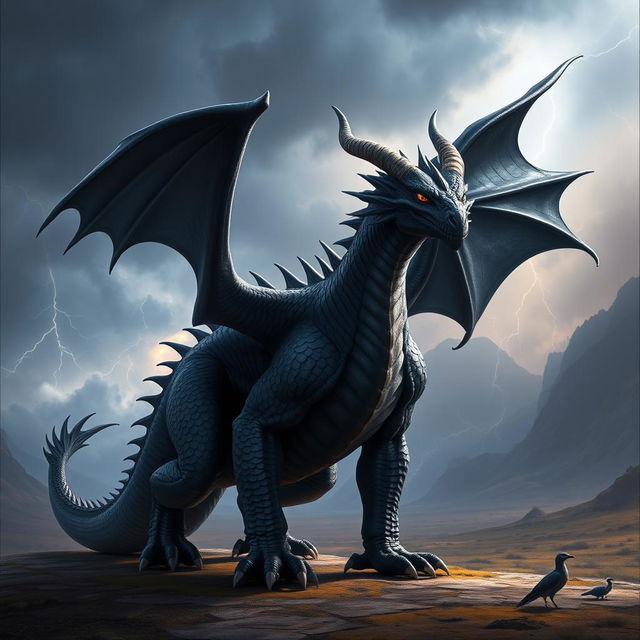 A powerful black dragon standing confidently with two legs forward, showcasing its magnificent form