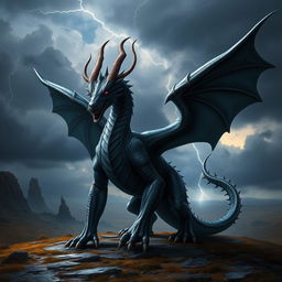 A powerful black dragon standing confidently with two legs forward, showcasing its magnificent form