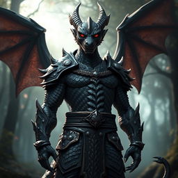 A striking black Dragonborn character, standing tall with impressive scales shimmering in the light