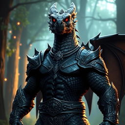 A striking black Dragonborn character, standing tall with impressive scales shimmering in the light