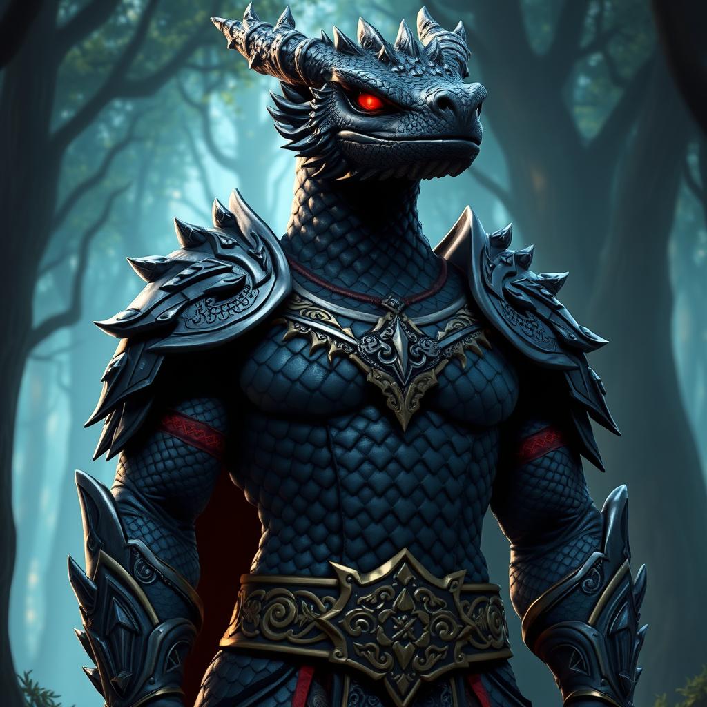 A striking black Dragonborn character, standing tall with impressive scales shimmering in the light