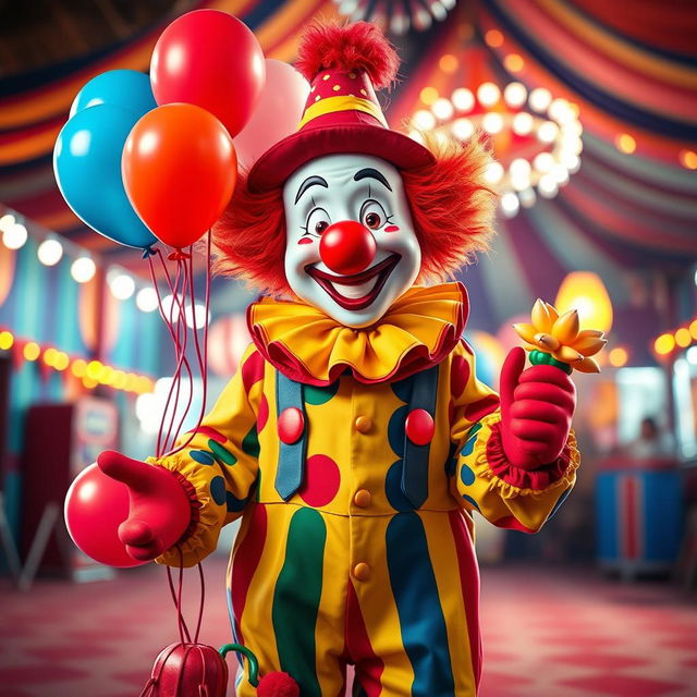 A cute and funny ultra-realistic clown depicted in full height, showcasing a playful and vibrant personality