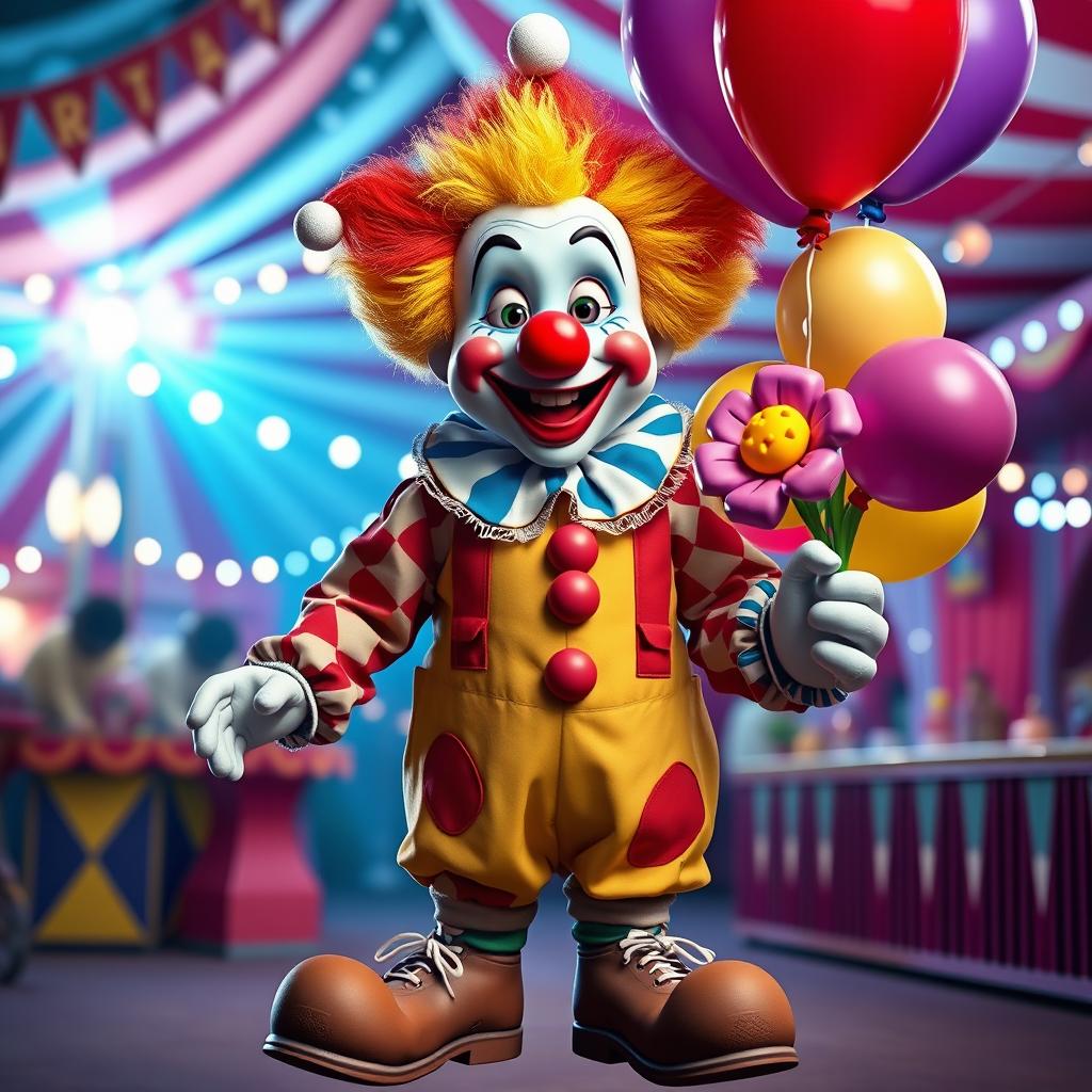 A cute and funny ultra-realistic clown depicted in full height, showcasing a playful and vibrant personality