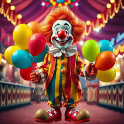 A cute and funny ultra-realistic clown depicted in full height, showcasing a playful and vibrant personality