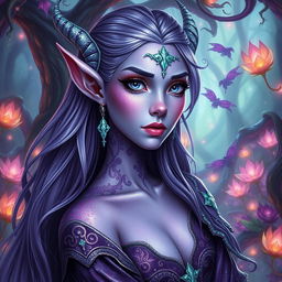 A stunning blood elf with light purple glittery skin featuring patches of mint green glittery dragon scales
