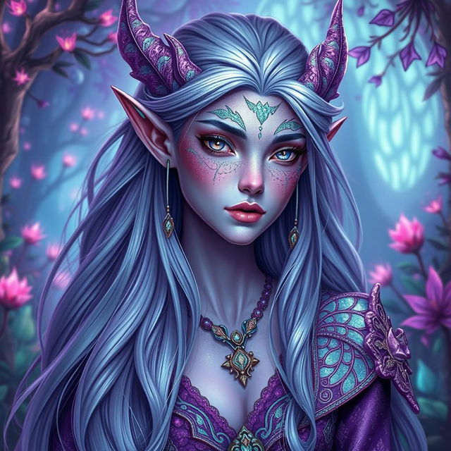 A stunning blood elf with light purple glittery skin featuring patches of mint green glittery dragon scales