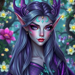 A stunning blood elf with light purple glittery skin featuring patches of mint green glittery dragon scales