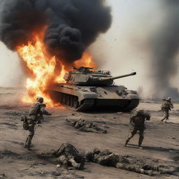 The scene becomes even more tragic as all the soldiers, caught in the fiery explosion of the tanks, fall lifeless on the war-torn battlefield