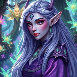 A stunning blood elf with light purple glittery skin featuring patches of mint green glittery dragon scales