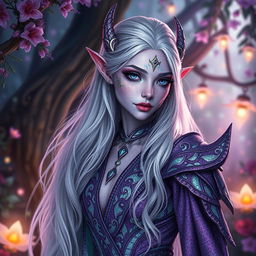 An enchanting blood elf with light purple glittery skin adorned with patches of mint green glittery dragon scales