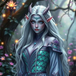 An enchanting blood elf with light purple glittery skin adorned with patches of mint green glittery dragon scales