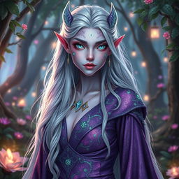 An enchanting blood elf with light purple glittery skin adorned with patches of mint green glittery dragon scales