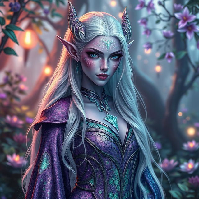 An enchanting blood elf with light purple glittery skin adorned with patches of mint green glittery dragon scales