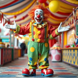 A very funny and realistic clown depicted in full height, standing with empty hands and no balloons