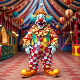 A very funny and realistic clown depicted in full height, standing with empty hands and no balloons